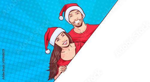 Man And Woman Wearing Santa Hats Advertisement Banner With Template Space For Text Over Retro Pin Up Background Vector Illustration