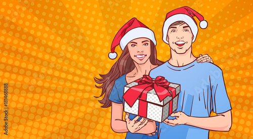 Couple Wearing Santa Hats Hold Gift Happy Man And Woman On Comin Poster Pin Up Background Winter Holidays Concept Vector Illustration