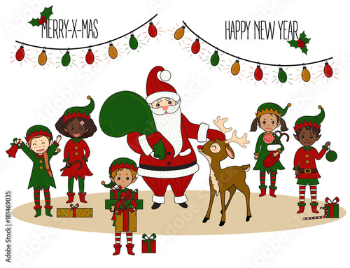 Santa Claus with elves and deer. Christmas Card