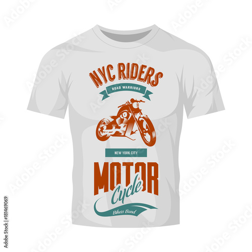 Vintage bikers club vector logo isolated on white t-shirt mock up.
Premium quality motorcycle logotype tee-shirt emblem illustration. New York City road warriors street wear retro tee print design.