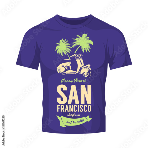 Vintage moped bikers club vector t-shirt logo isolated on dark t-shirt mock up. San Francisco, California street wear retro tee print design.