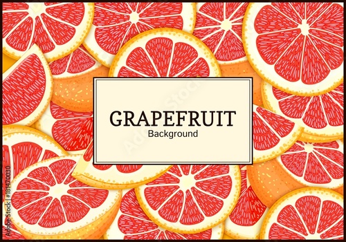 Rectangular label on citrus grapefruit background. Vector card illustration. Tropical juicy red pomelo frame peeled piece of half slice for design of food packaging juice breakfast, tea diet juce