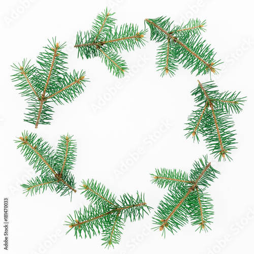 Christmas round frame of winter trees on white background. Flat lay  top view