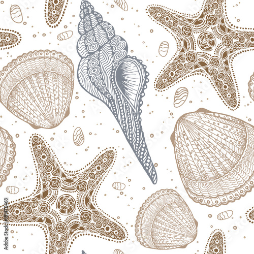 Marine vector hand drawn pattern with sea shells and stars. Highly detailed. Perfect for textiles, wallpaper and prints.