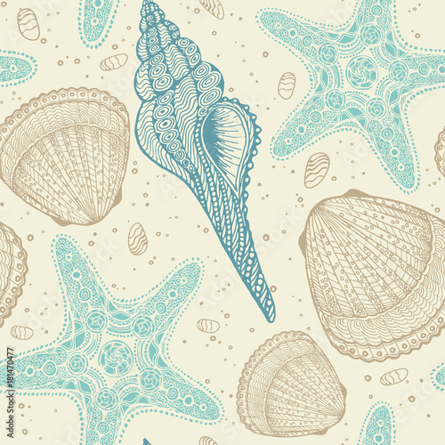 Marine vector hand drawn pattern with sea shells and stars. Highly detailed. Perfect for textiles, wallpaper and prints.