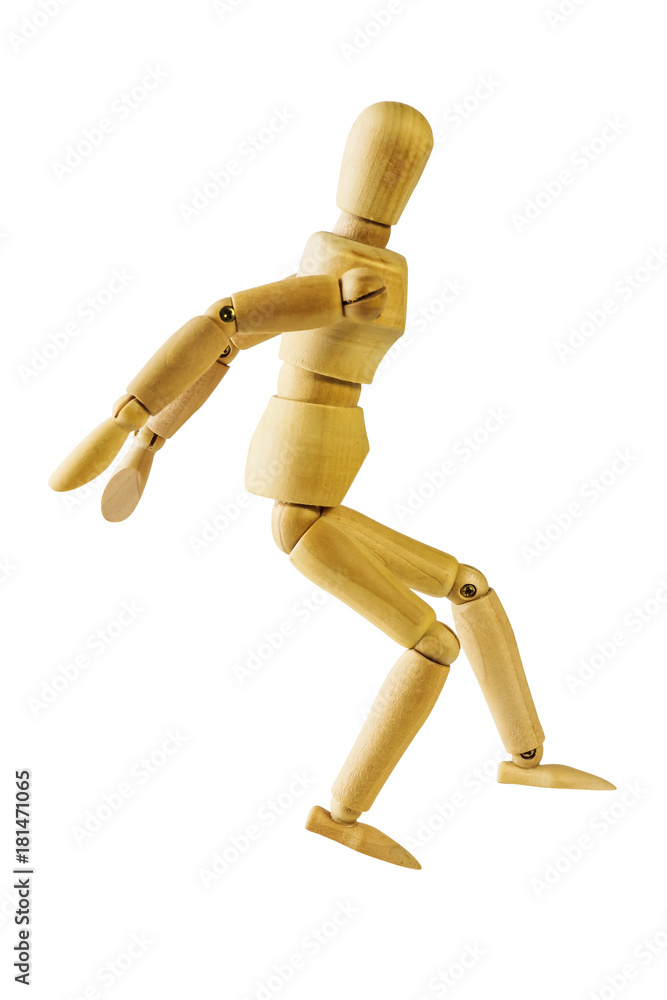 wooden puppet jumping white isolated