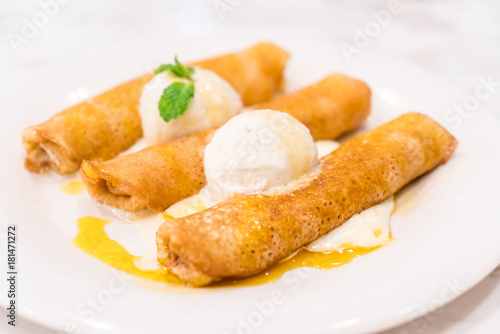 pancake roll with vanilla ice-cream