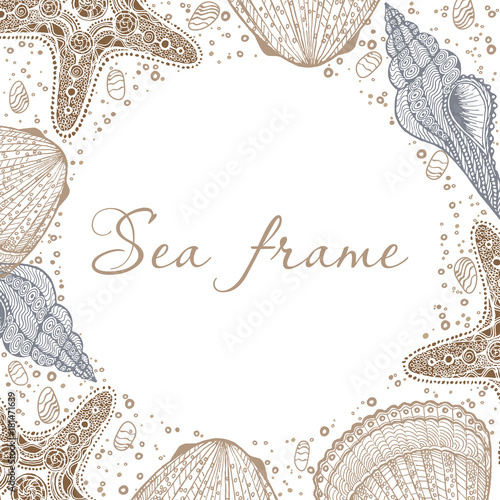Decorative vector frame with sand, seashells and starfish. Perfect for cards, invitations and photo design.