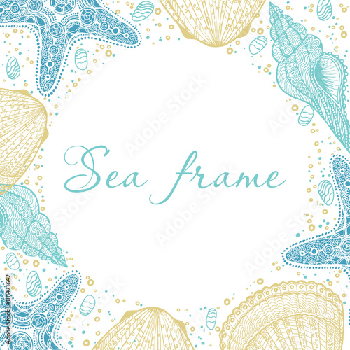 Decorative vector frame with sand, seashells and starfish. Perfect for cards, invitations and photo design.