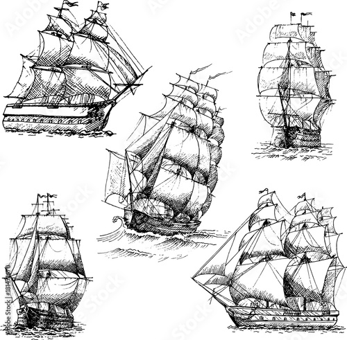 Hand drawn vector set of vintage sailing ships in the sea