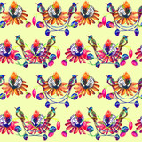 Hummingbird sitting on pink flower, , seamless pattern design, hand painted watercolor illustration, yellow background