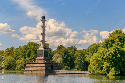 Petersburg, Russia - June 29, 2017: The Chesme Column on the Great Pond in the Catherine Park. The Tsarskoye Selo is State Museum-Preserve.