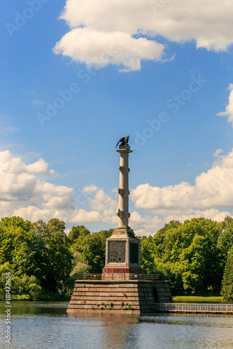 Petersburg, Russia - June 29, 2017: The Chesme Column on the Great Pond in the Catherine Park. The Tsarskoye Selo is State Museum-Preserve.