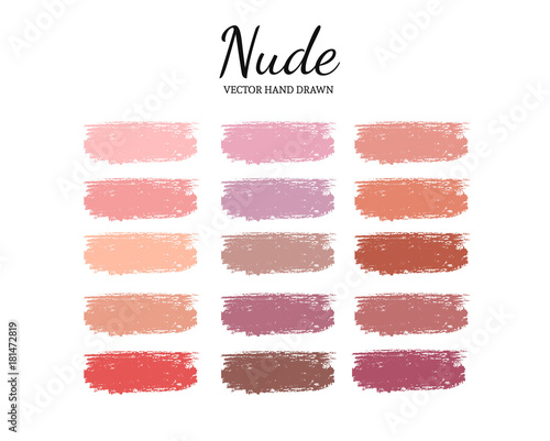Set of various lipstick smears. Nude palette. Makeup swatches.