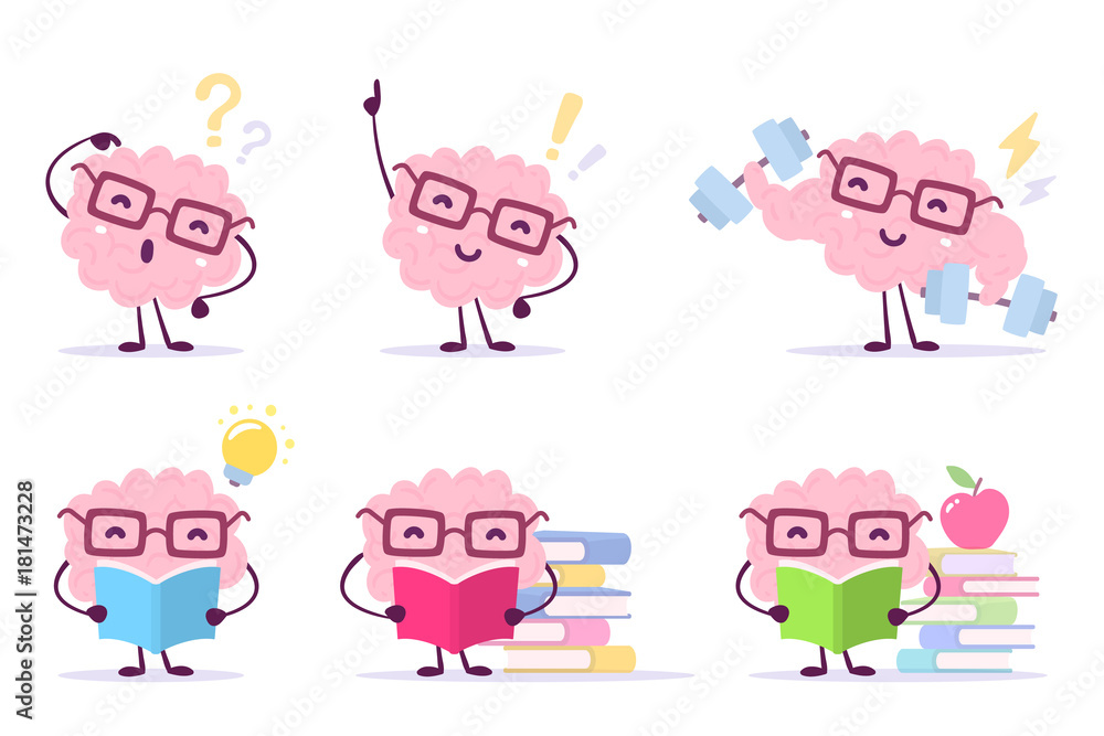 Enjoyable education brain cartoon concept. Vector set of illustration of pink color happy brain with glasses on white background with pile of books, light bulb, dumbbells. Enjoyable education brain cartoon concept. Vector set of illustration of pink color happy brain with glasses on white background with pile of books, light bulb, dumbbells.