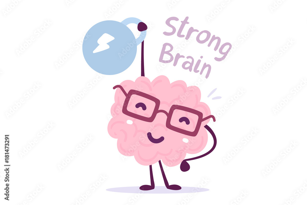 Very strong cartoon brain concept. Doodle style. Vector illustration of  pink color smile brain with glasses easy lifts weight on white background.  Stock Vector | Adobe Stock