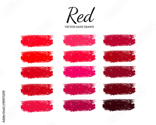 Set of various lipstick smears. Red Color palette. Makeup swatches.