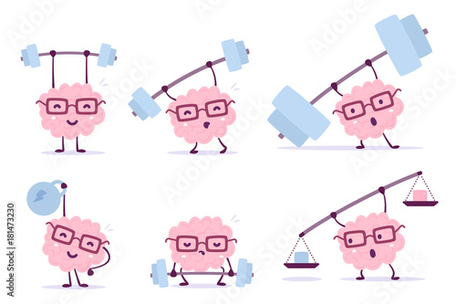 Very strong cartoon brain concept. Vector set of illustration of pink color smile brain with glasses lifts bar of different weight on white background.