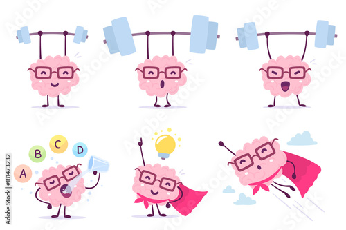 Very strong, healthy and smart cartoon brain concept. Vector set of illustration of pink color brain with glasses with bar, light bulb, vitamin on white background.
