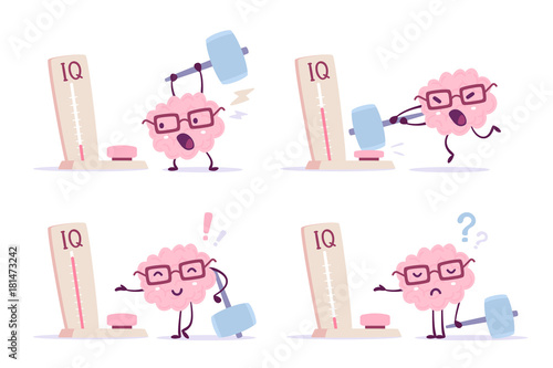 Very strong cartoon brain concept. Vector set of illustration of pink color human brain with glasses and measure level iq on white background. Different degree of impact with a hammer.