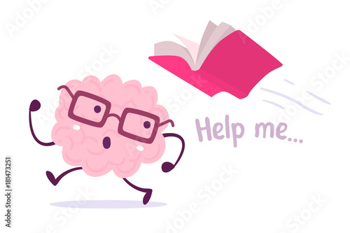 Vector illustration of pink color brain with glasses running away from a red book flying behind on white background.