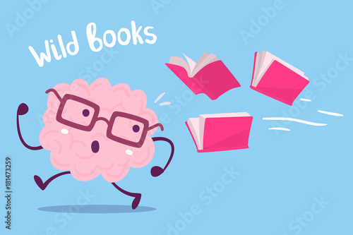 Vector illustration of pink color brain with glasses running away from books flying behind on blue background.