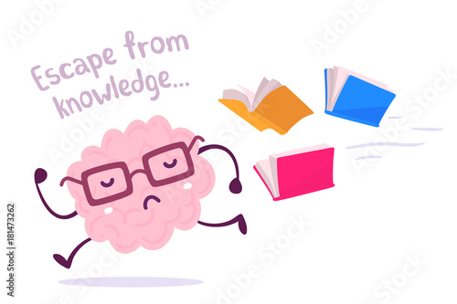 Vector illustration of a brain avoiding knowledge. Pink color lazy brain with glasses running away from color books flying behind on white background.