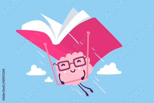 Vector illustration of pink color happy brain with glasses flying on a red book hang glider in the sky on blue background.