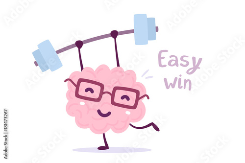 Vector illustration of pink color smile brain with glasses easy lifts weights on white background. Fitness cartoon brain concept.