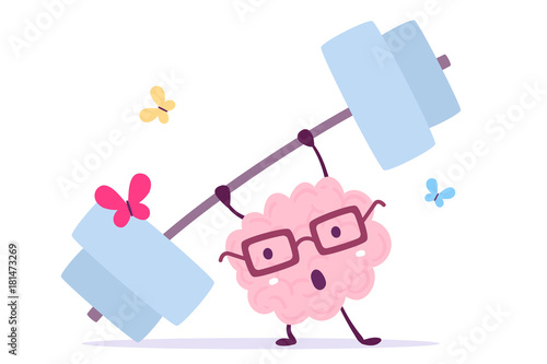 Vector illustration of pink color smile brain with glasses very hard lifts weights with butterfly on white background. Fitness cartoon brain concept.