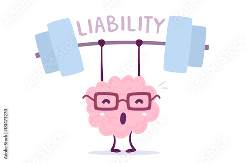 Vector illustration of pink color smile brain with glasses very hard lifts weights on white background. Train liability of cartoon brain concept.