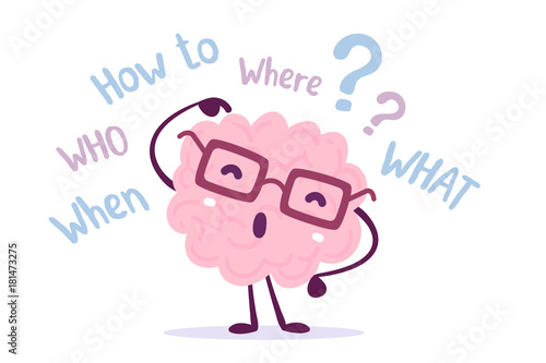 Vector illustration of pink color human brain with glasses thinks over the question on white background. Seeking answer cartoon brain concept.