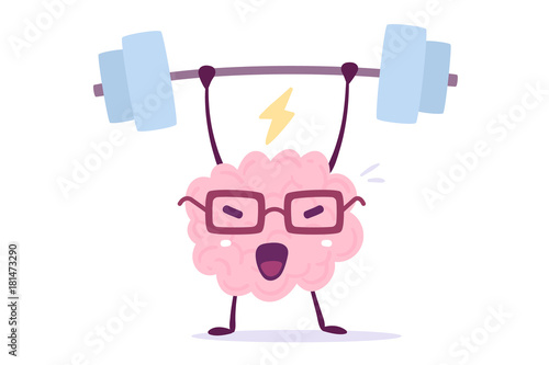 Vector illustration of pink color smile brain with glasses lifts weights on white background. Very strong cartoon brain concept.