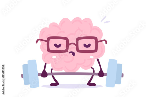 Vector illustration of pink color smile brain with glasses try to lift weights on white background. Train of cartoon brain concept. Doodle style.