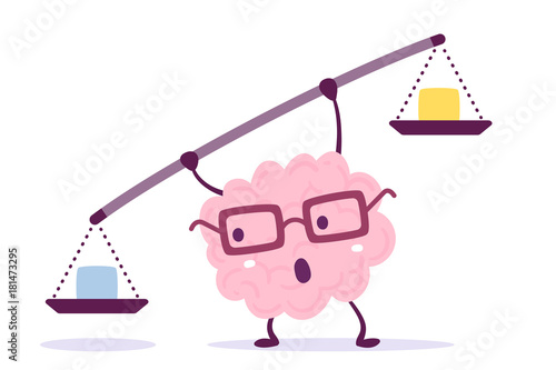 Vector illustration of pink color human brain with glasses holding a scales in hands on white background. Decision making cartoon brain concept.
