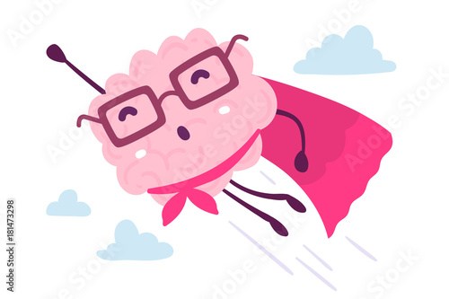 Vector illustration of pink color human brain with glasses flying in the sky as a super hero on white background. Saving the world cartoon brain concept.