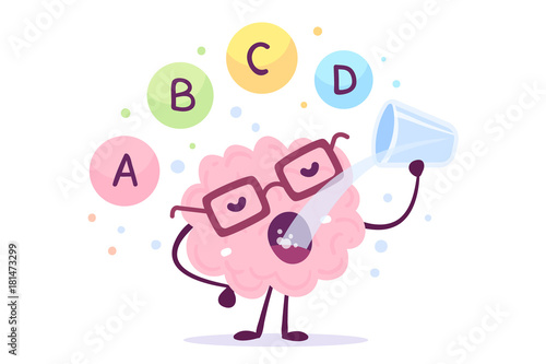 Vector illustration of pink color human brain with glasses drinks water on white background. Proper nutrition cartoon brain concept.