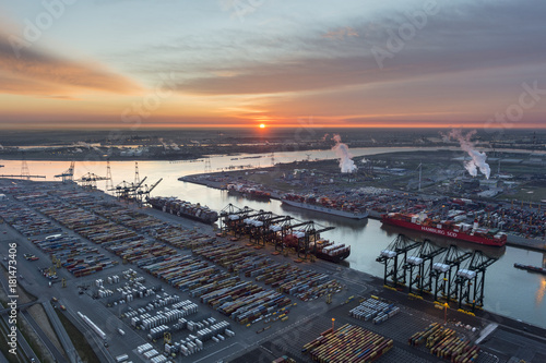 MSC terminal at Deurganckdock Antwerp port at sunrise photo