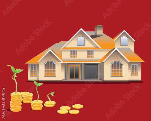 Model of house with coins illustration. Real Estate concept vector background.