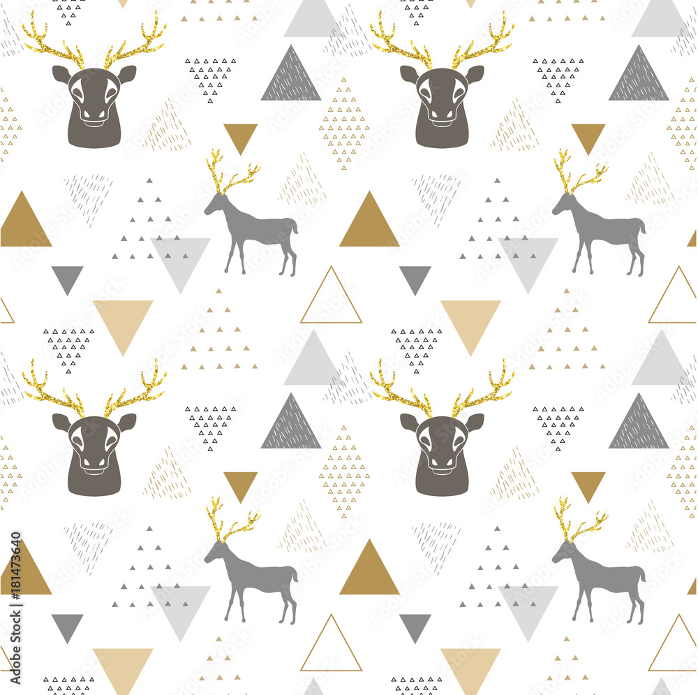 Reindeer geometric trendy seamless pattern with animal silhouette, winter holidays scandinavian minimal pattern, invitation vector background - obrazy, fototapety, plakaty 
