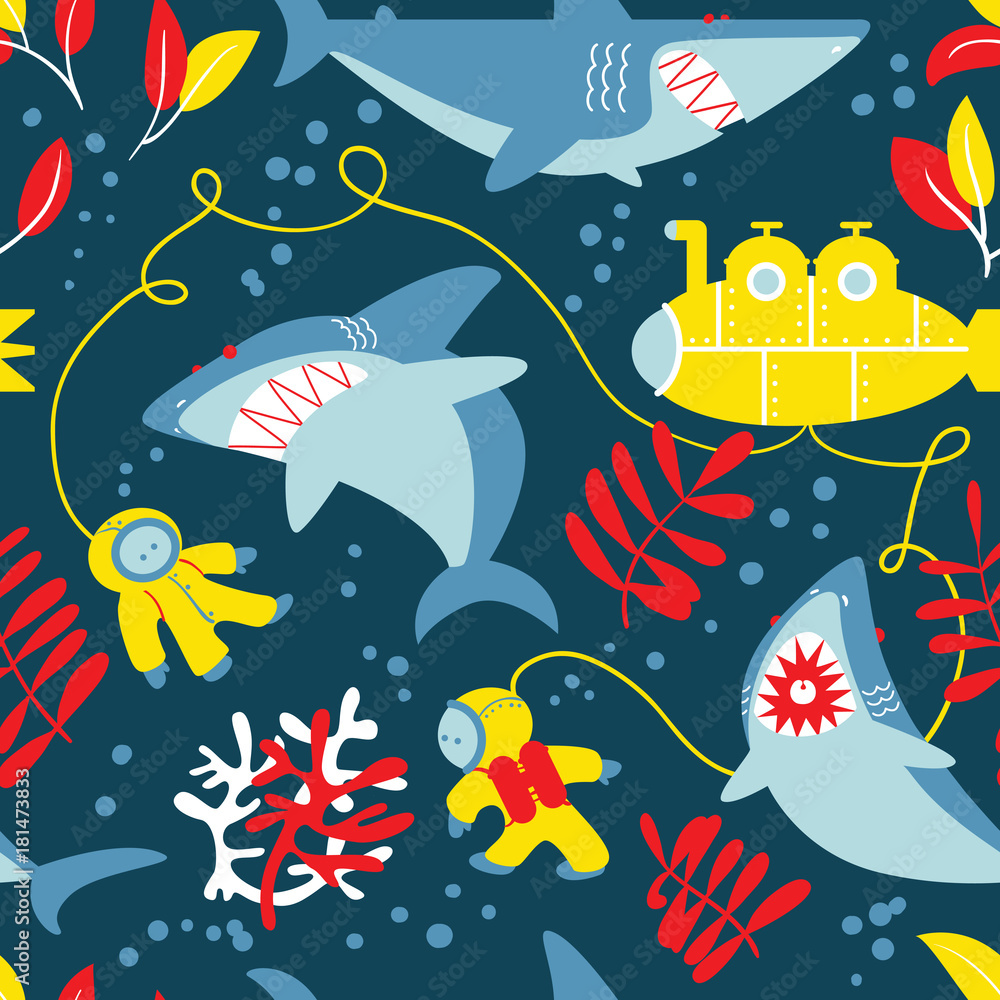Obraz premium Underwater adventure seamless pattern with sharks, submarine and divers.