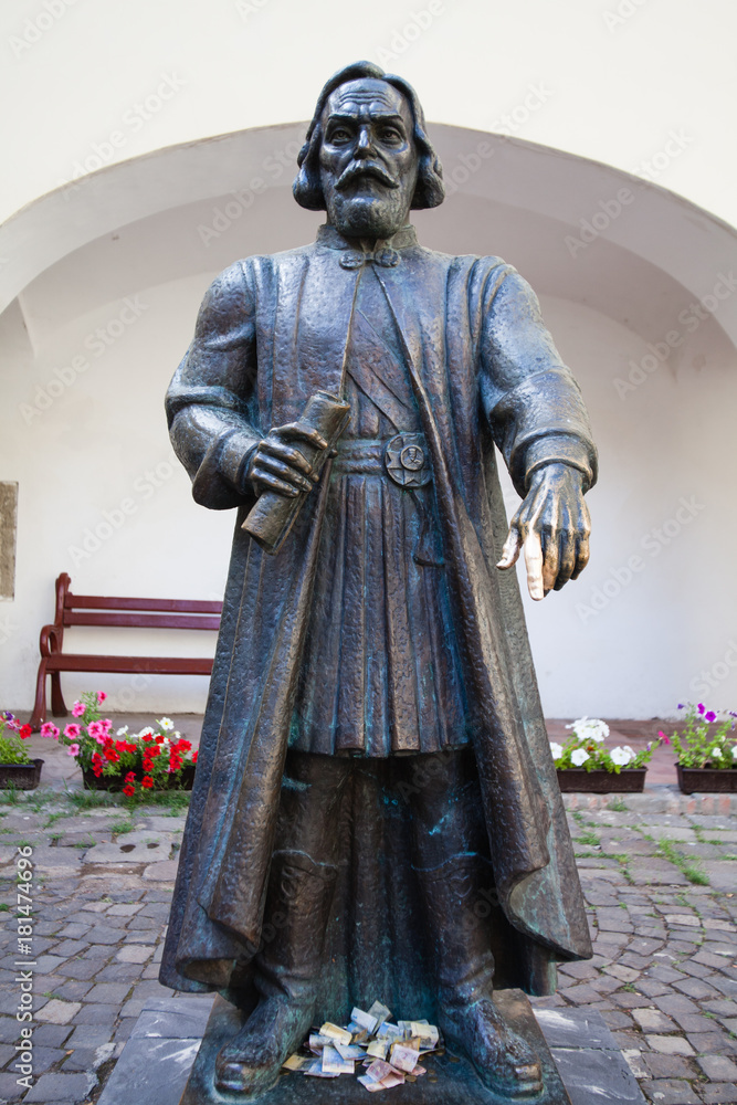 Statue of prince Podolsky Fedir Koryatovych (1331-1414) in castle Palanok, Mukacheve, Ukraine