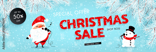 Christmas sale, discounts. Festive advertising banner with fun New Year characters. Santa Claus and Snowman singing into the microphone. Snow, Branches of the Christmas tree. Vector