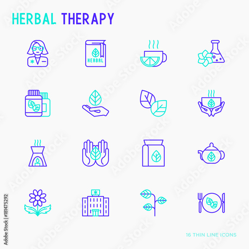 Herbal therapy thin line icons set: herbalist, decoction, aromatic oil, oil burner, tea. Vector illustration.