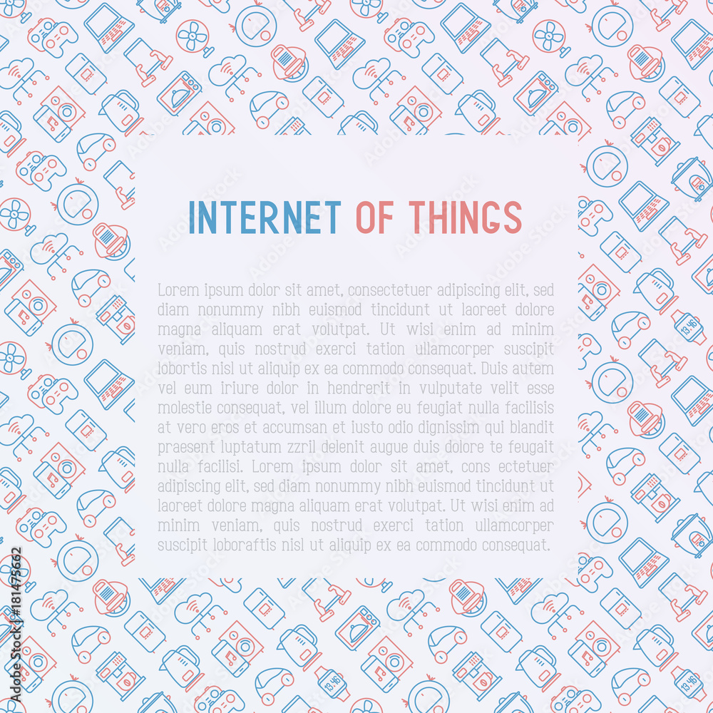 Internet of things concept with thin line icons: laptop, smart watch, cloud computing technology, kettle, speaker, smart car, robot vacuum. Vector illustration for banner, web page, print media.