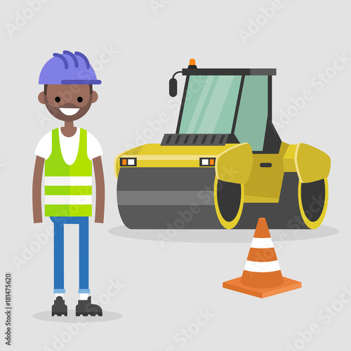 Young black engineer wearing hard hat and reflecting vest. Asphalt paving works. Industrial illustration. Yellow steamroller and orange cone. Flat vector illustration, clip art.