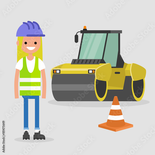 Young female engineer wearing hard hat and reflecting vest. Asphalt paving works. Industrial illustration. Yellow steamroller and orange cone. Flat vector illustration, clip art.