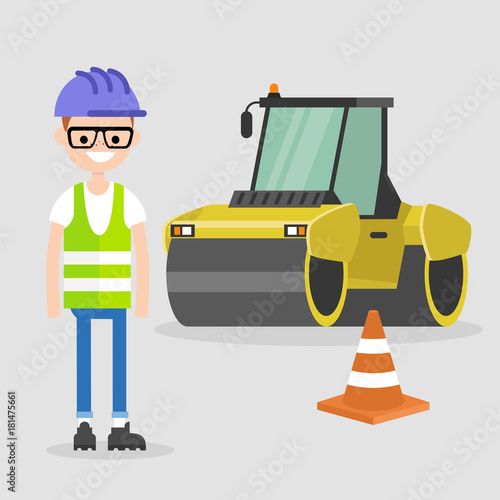 Young engineer wearing hard hat and reflecting vest. Asphalt paving works. Industrial illustration. Yellow steamroller and orange cone. Flat vector illustration, clip art.