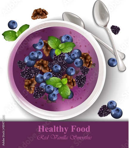 Blueberry banana vanilla smoothie Vector realistic. Healthy food templates