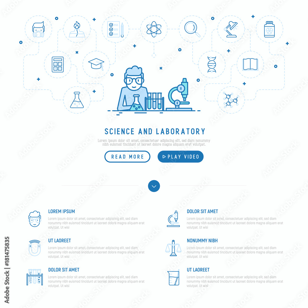 Scientist in glasses does experiment concept. Template of web page with thin line icons of dna, microscope, scales, magnet, respirator, spirit lamp. Vector illustration. Scientist in glasses does experiment concept. Template of web page with thin line icons of dna, microscope, scales, magnet, respirator, spirit lamp. Vector illustration.